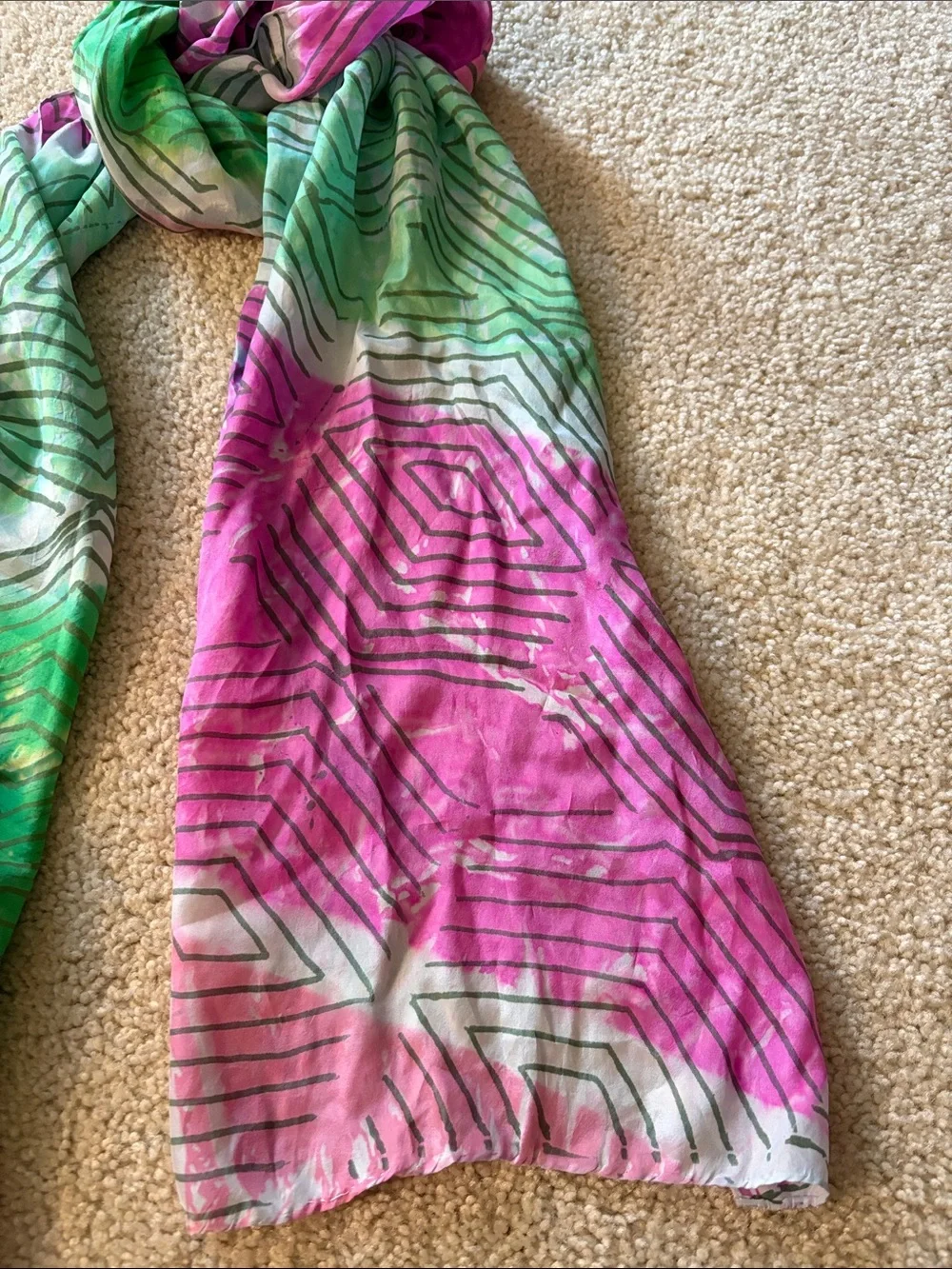 Vibrant Green, White and Pink Geometric Patterned Women's Scarf -  100% Silk